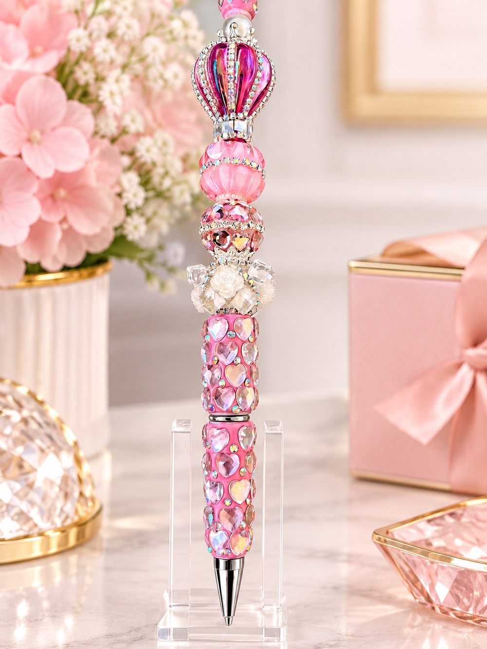 Pink Jeweled Ballpoint Pen for Women extra long extension crystals rhinestone